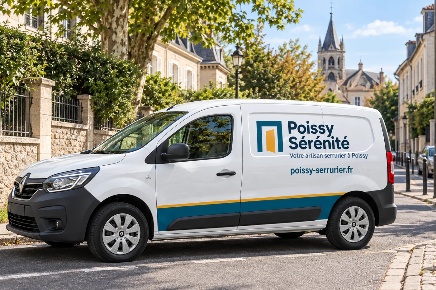 Utilitaire blanc aux couleurs de Poissy Sérénité garé dans une rue résidentielle de Poissy, la Collégiale Notre-Dame au loin